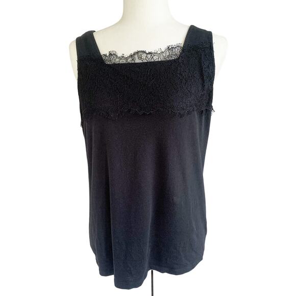J Jill Womens Medium Black Sleeveless Knit Tank Top Lace Minimalist Cotton Blend - Picture 1 of 7